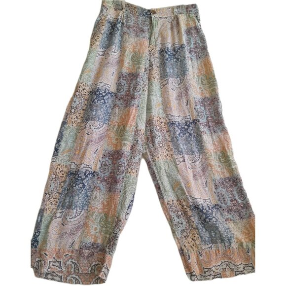 Rachel Zoe Pants - Rachel Zoe Large Boho Patchwork Print Wide Leg Casual Vacation Beach Linen Pants